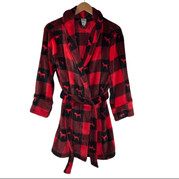 ❤️EUC PINK by VS Ladie's Red/Black Buffalo Plaid Velour Amazingly Soft Bath Robe - Picture 4 of 9